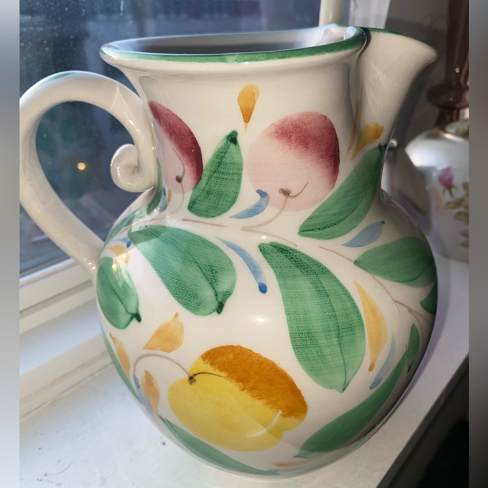 Crate & Barrel Brillante Floral Ceramic Pitcher 65oz Hand Painted Made in Italy